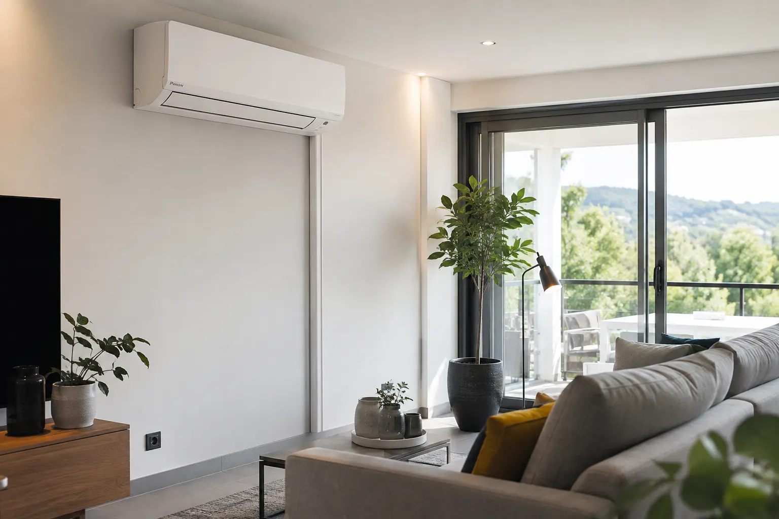 Unité intérieure de climatisation murale installée dans un séjour