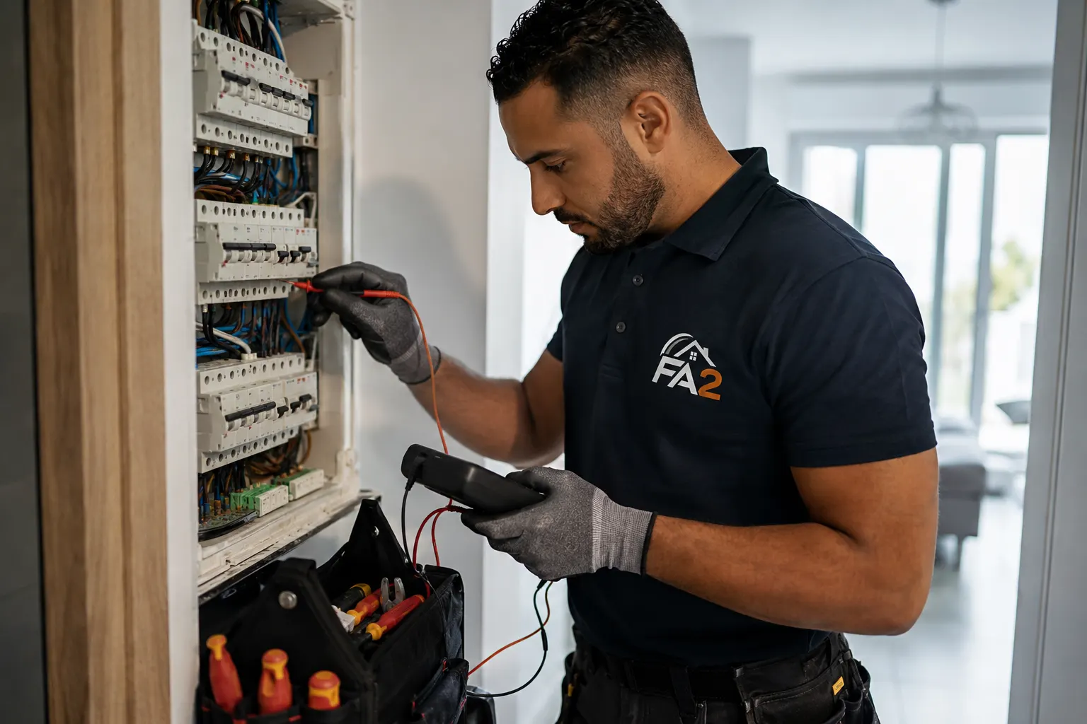 Électricien FA2 contrôlant un tableau électrique au multimètre
