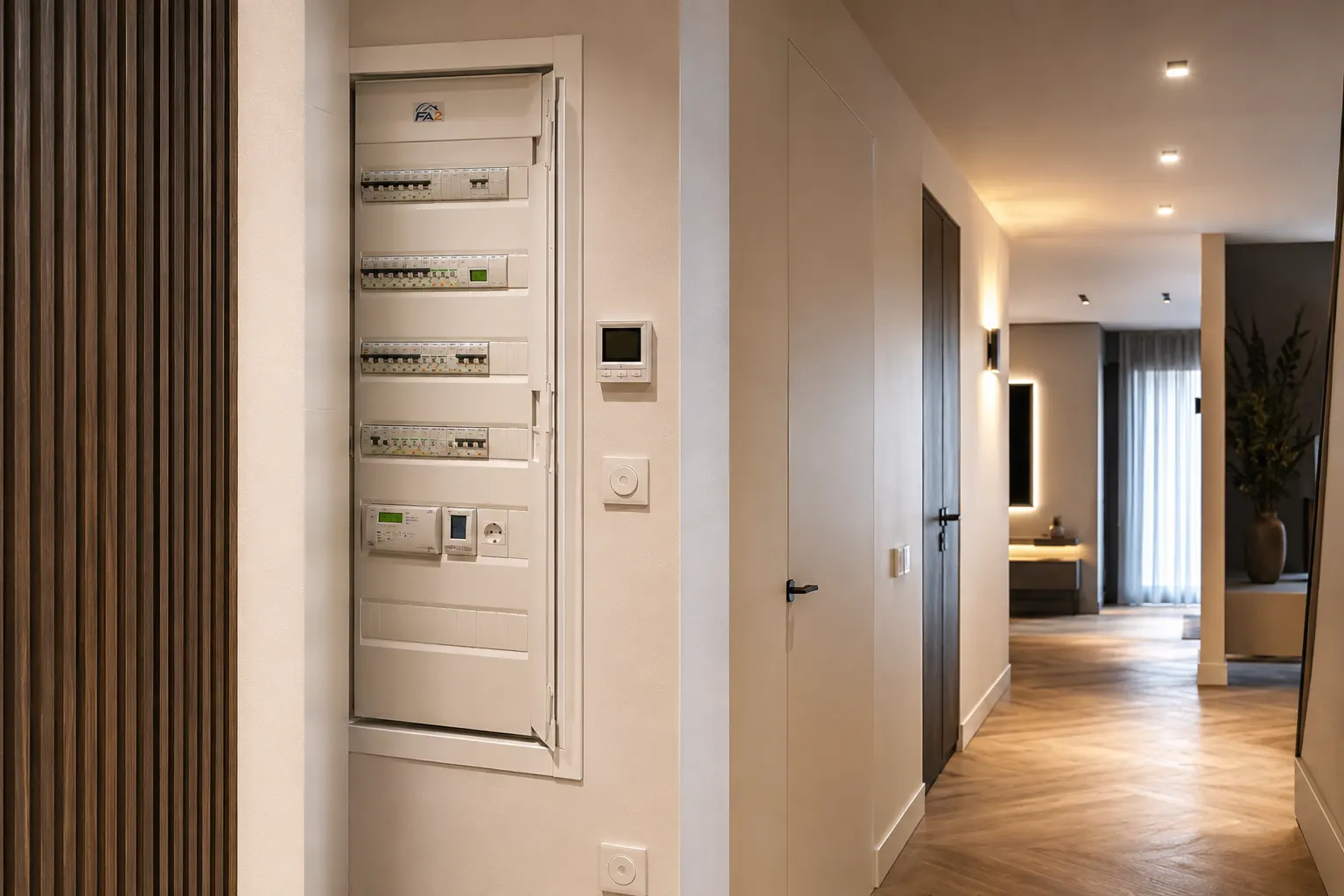 Tableau électrique récent installé dans le couloir d’un appartement rénové