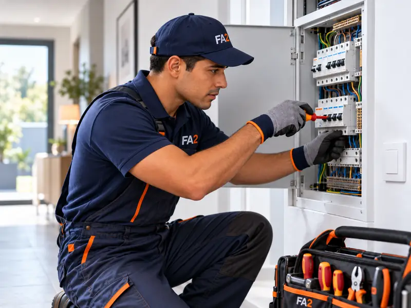 Illustration : technicien en tenue FA2 intervenant sur un tableau électrique