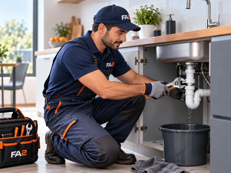 Illustration : technicien en tenue FA2 réparant l'évacuation sous un évier